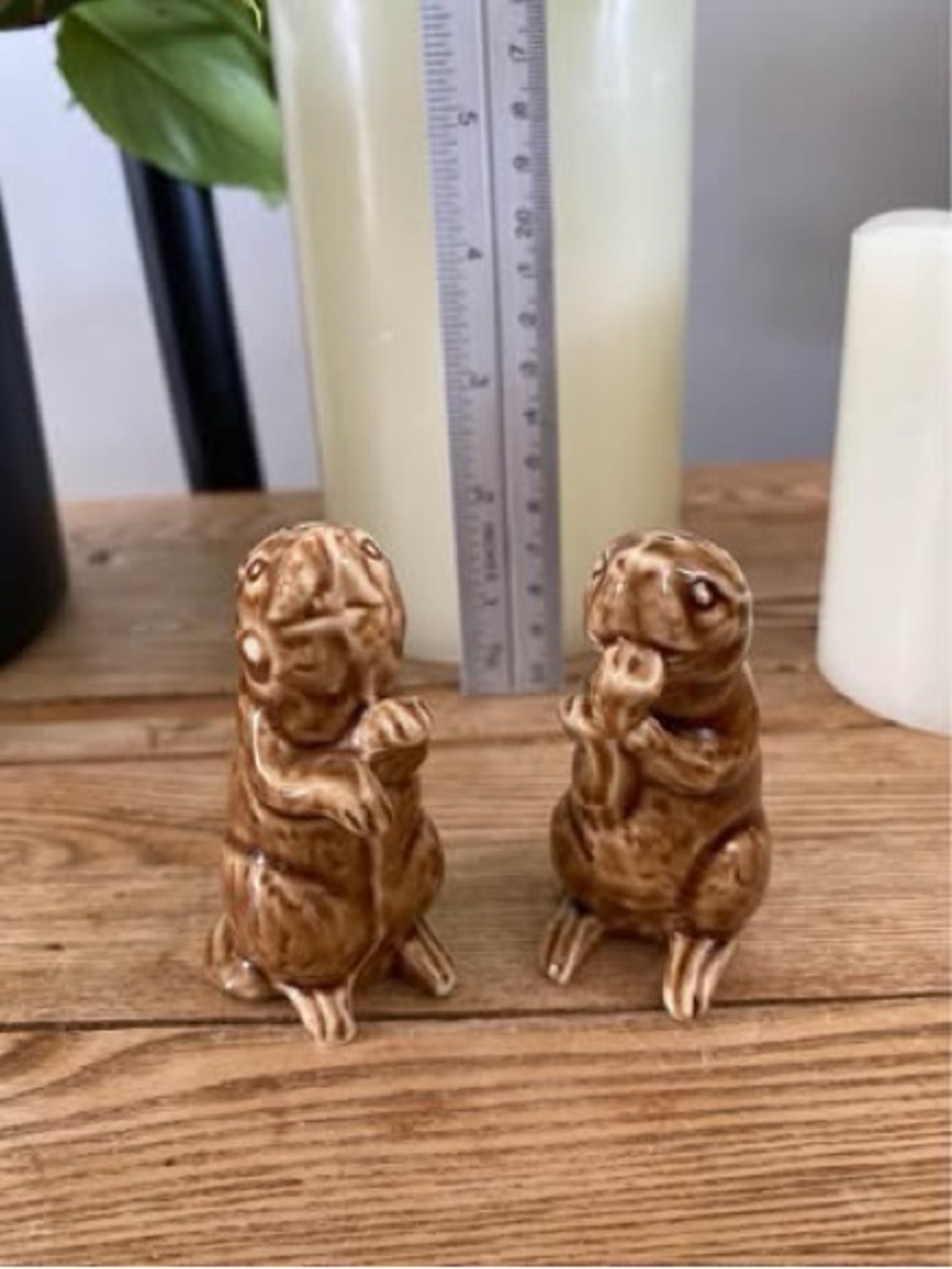 Vintage Ceramic Prairie Dog Groundhog Salt & Pepper Shakers Set Brown Drip Glaze